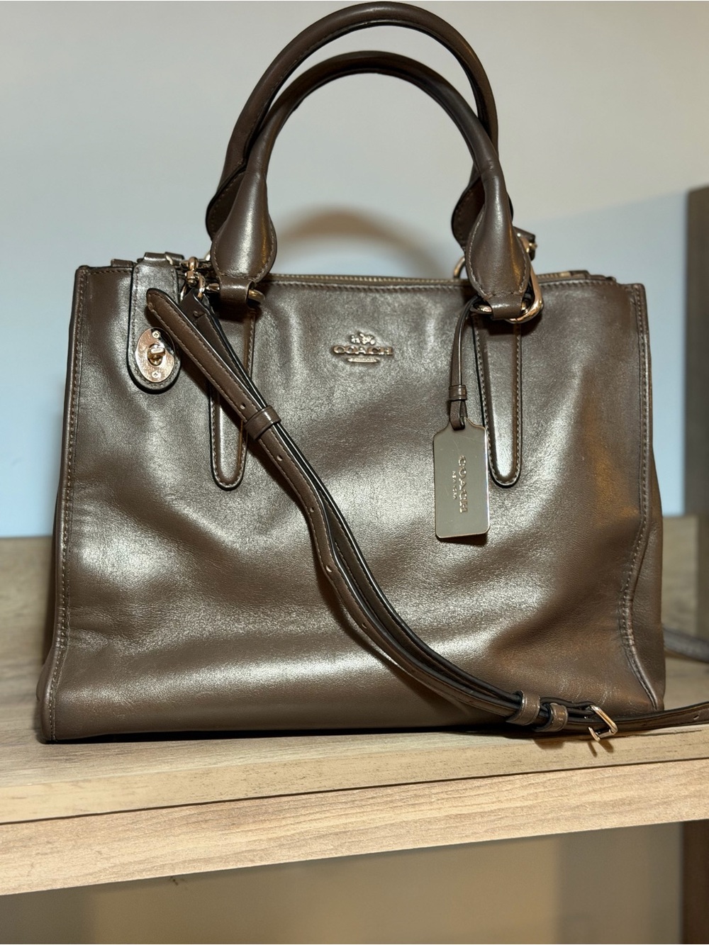 Coach Crosby Carryall Double Zip Leather Bag Mink Brown EUC 33544